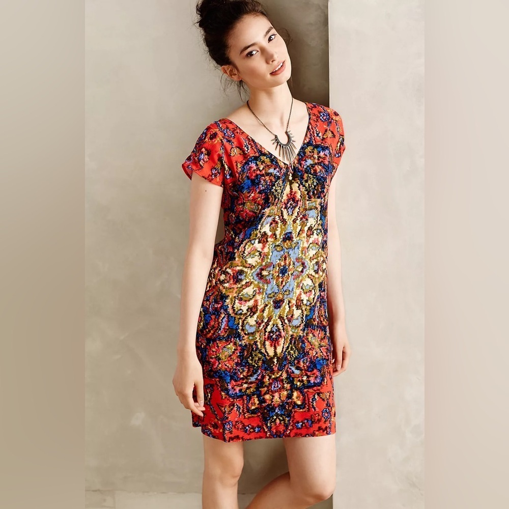 Anthropologie Maeve Boho Chic Festival Ecectic Prins Tunic Printed V Neck Dress